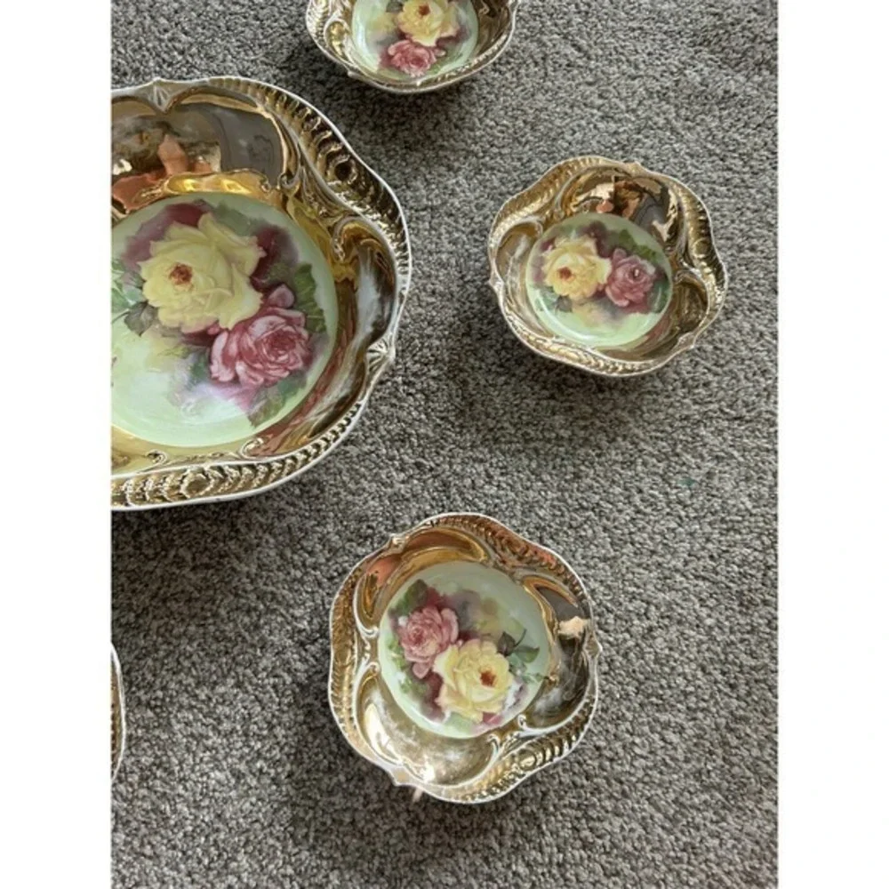 7-PC Antique Hand Painted Nippon Floral & Gold Nut Bowl &‎ 6 Salt Cellar Dishes